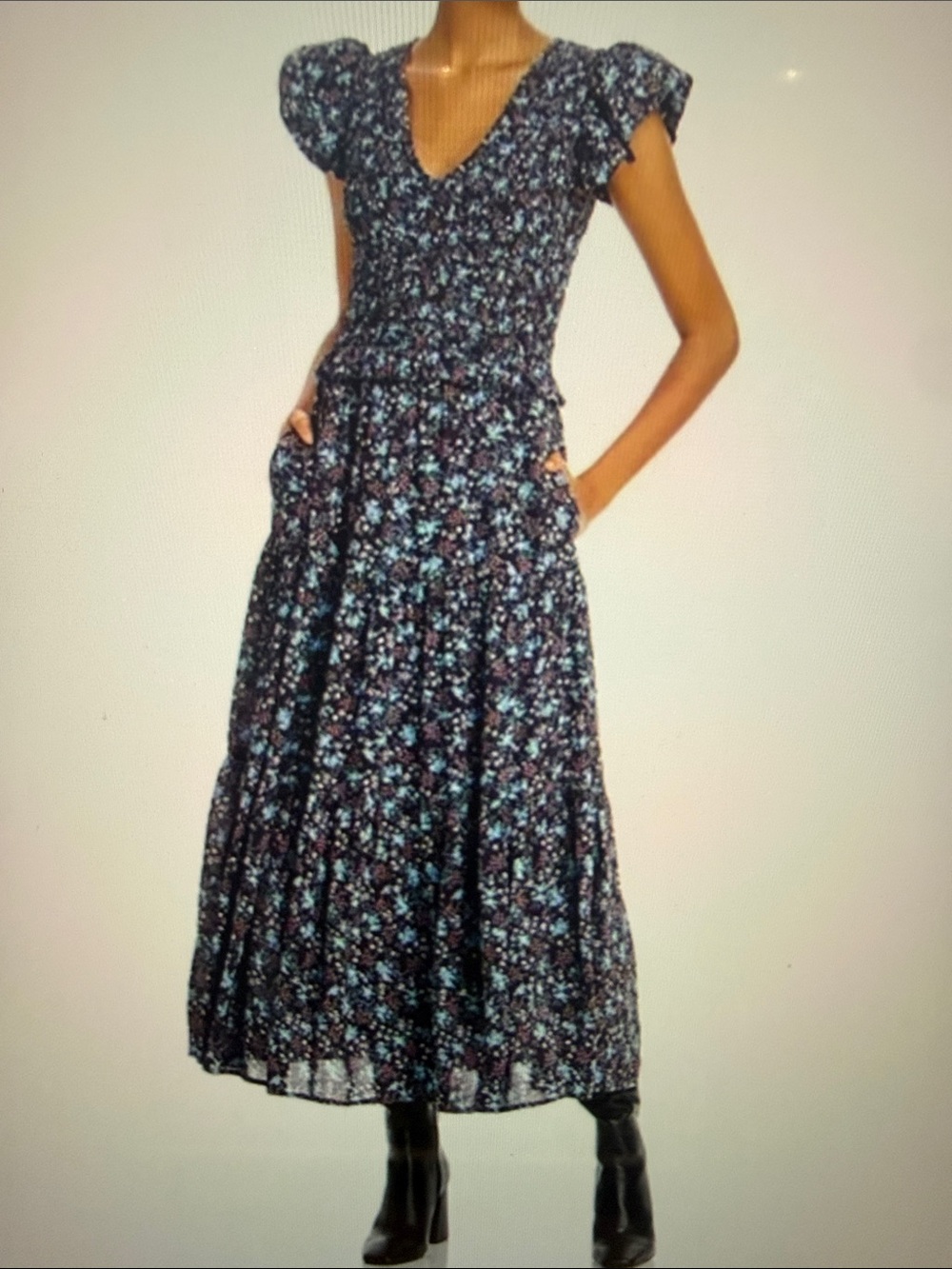 Sea Tilly Floral Smocked V-Neck Midi Dress in Navy